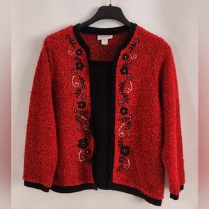 C. D. Petites Red Floral Cardigan Sweater